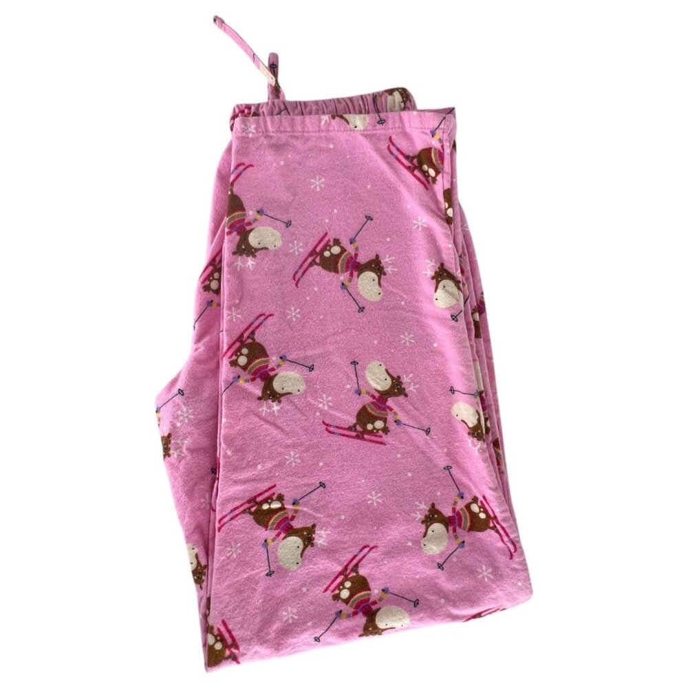 Womens Pink Skiing Moose Pajama Set Cotton Flannel By Character Size Large - Picture 9 of 11